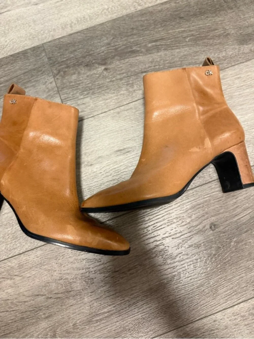 Calvin Klein Cognac Leather Ankle Booties with Block Heel size 10